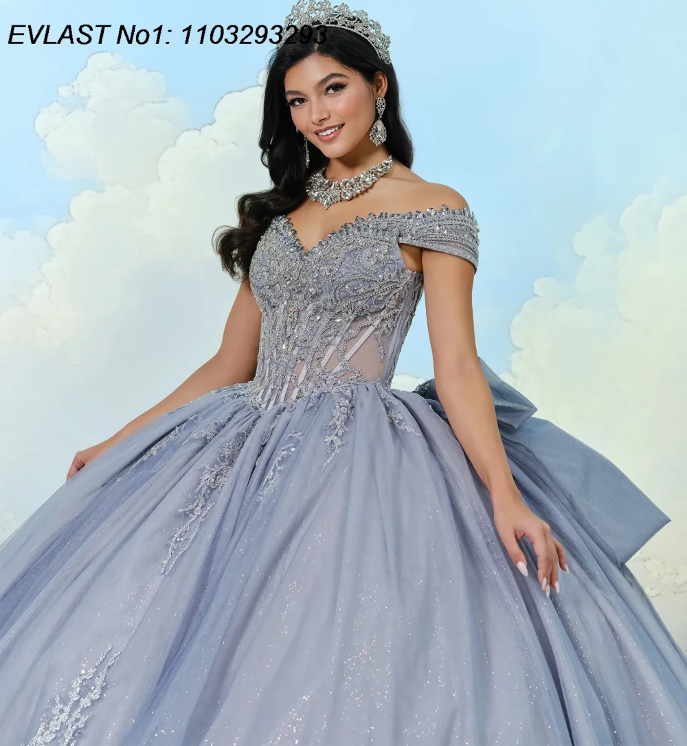 Фото EVLAST индивидуальное блестящее серое бальное платье Quinceanera, блестящее кружевное платье с аппликацией и бантом из бисера, милое платье 16, Vestidos De 15 Anos E1QN249 №2