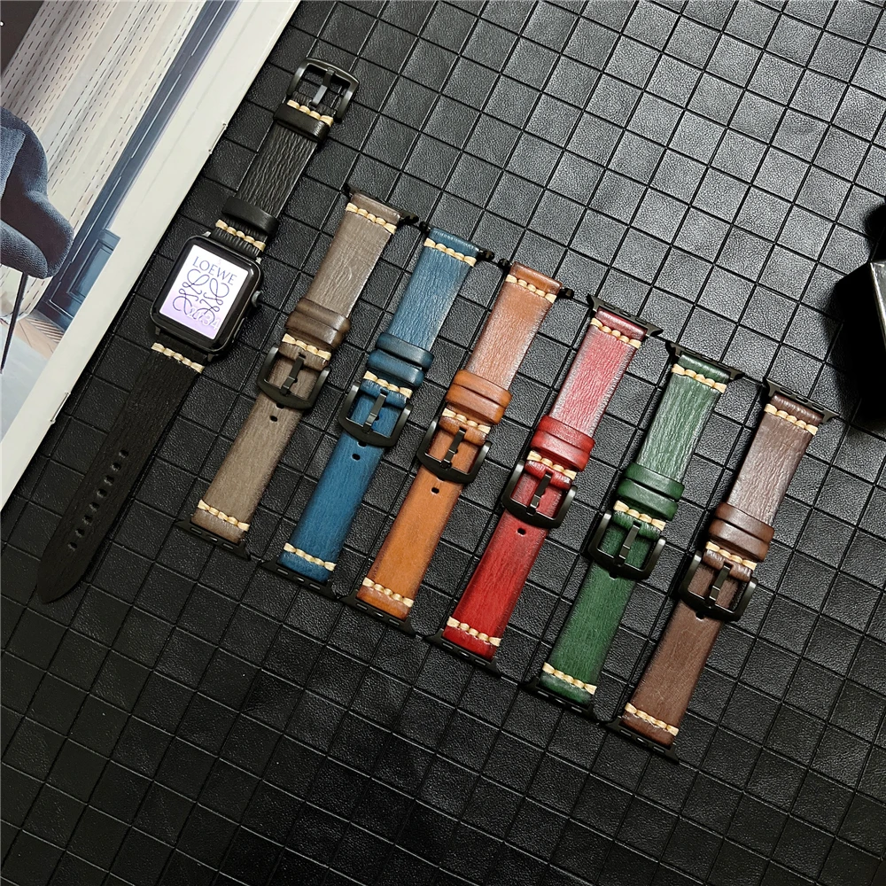 Ремешок винтажный из коровьей кожи для Apple Watch Series 7 41 мм 45 мм, браслет для Iwatch 6/5/4/3/2/SE 38 мм 42 44 40 мм