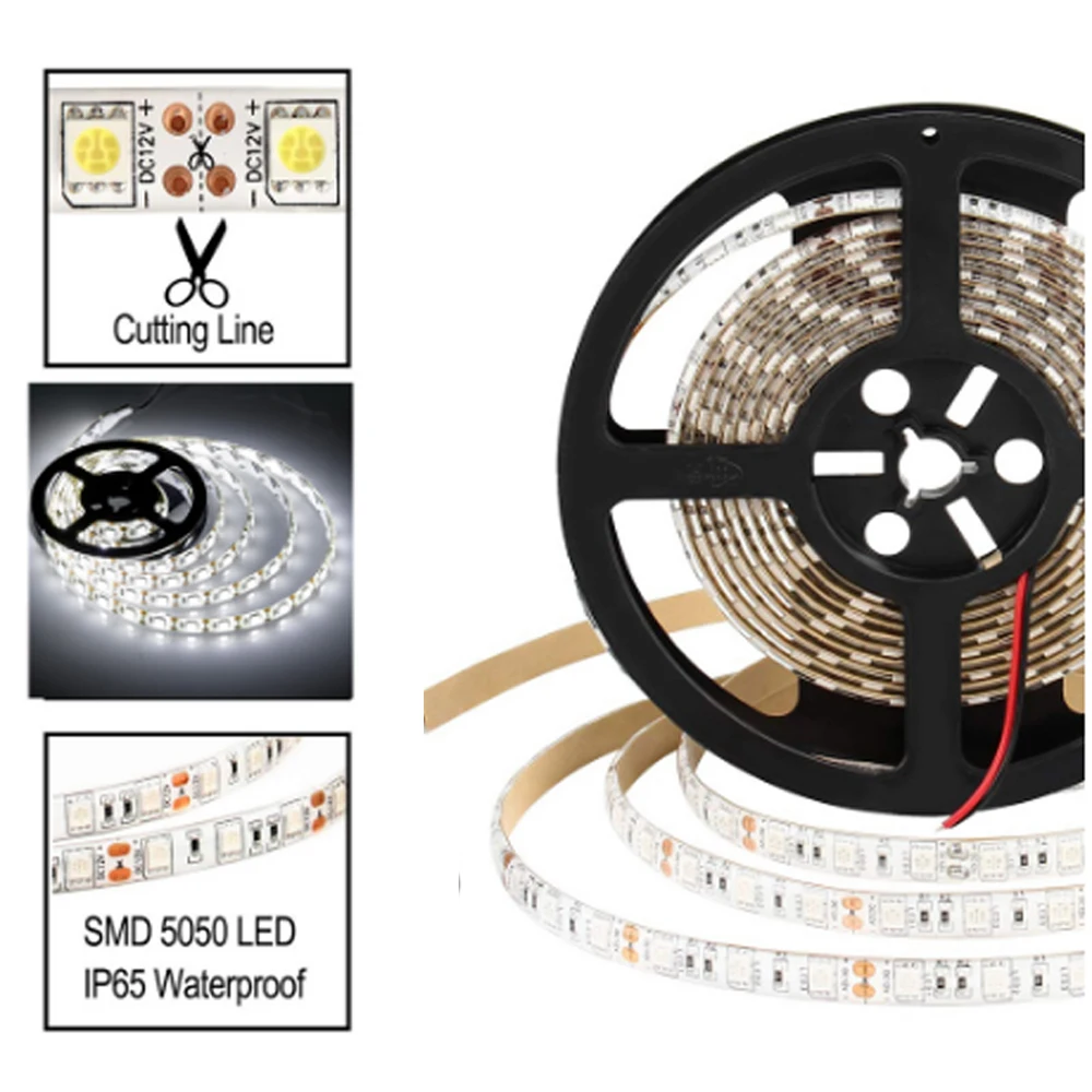 Фото Гибкая светодиодная лента постоянного тока, 1 м, 2 м, 3 м, 4 м, 5 м, 12 В, 5050SMD ip20, водонепроницаемая, 60/120/180/240/300 светодиодов, яркая светодиодная лента RGB, 10 мм №2
