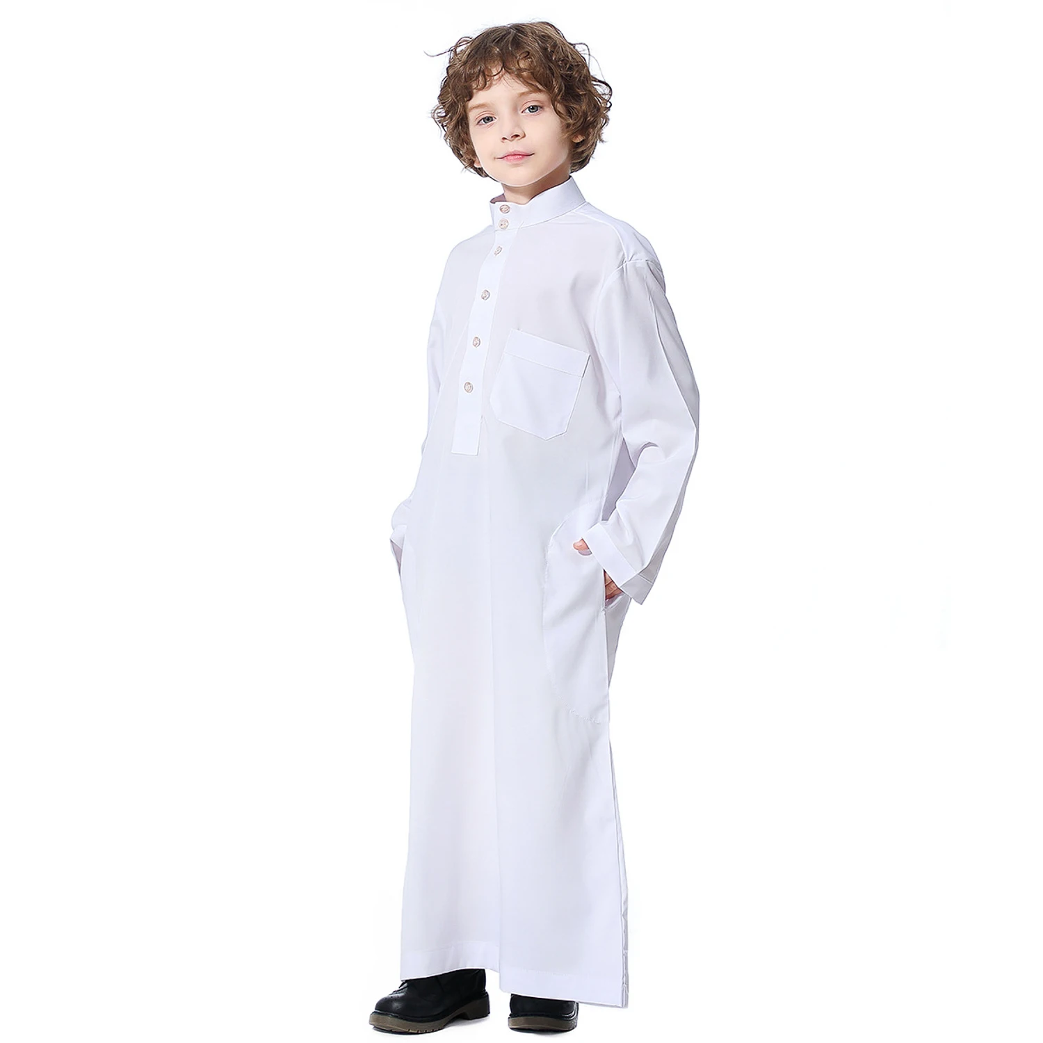 Фото Детская белая вышивка Jubba Thobe, мягкая однотонная исламская одежда Thawb, халат для мальчиков №5