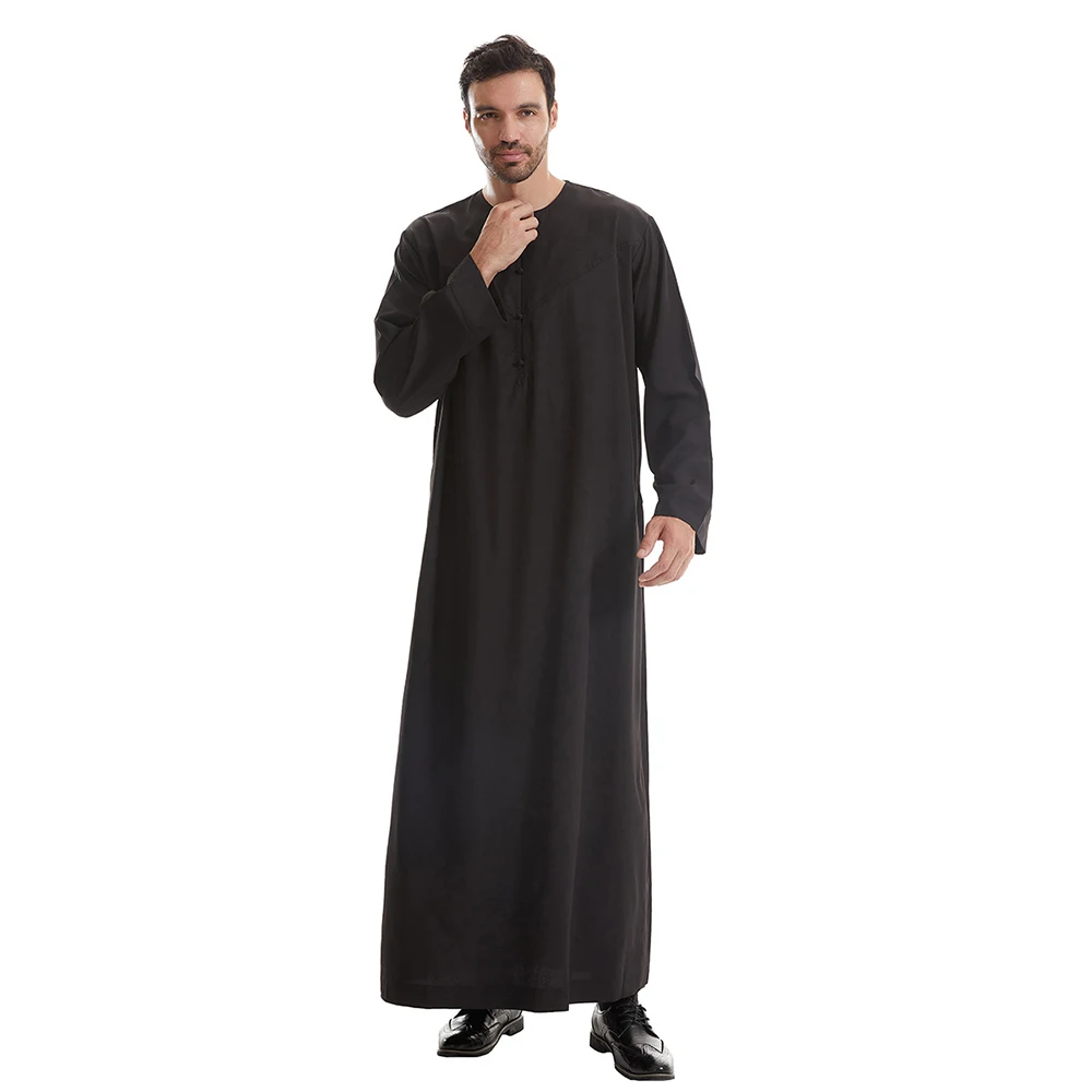 Фото Ближний Восток Мусульманские Арабские Мужчины Thobe Thawb Кафтан с круглым вырезом Ручная работа на пуговицах Thobe Однотонный полиэстер Хлопок Мусульманские мужские Thobe №4