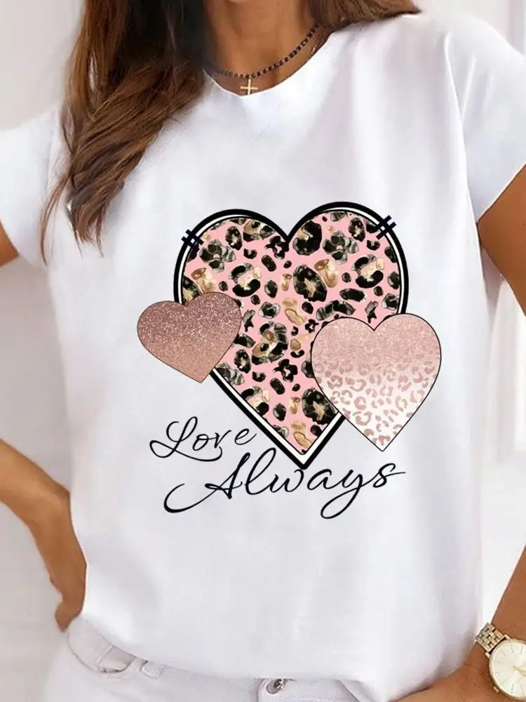 Letter Leopard Love Trend Fashion Top Basic Short Sleeve Print T Shirt Clothing Clothes Tee For Women O-neck Graphic T-shirts