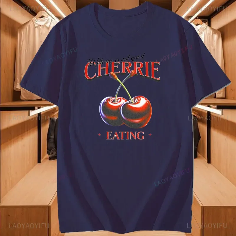 Фото Футболка с принтом Cherrie with Me Is Not Good Eating, летняя футболка с простым фруктовым узором, женская и мужская футболка, хлопковые топы высокого качества, винтажные №3