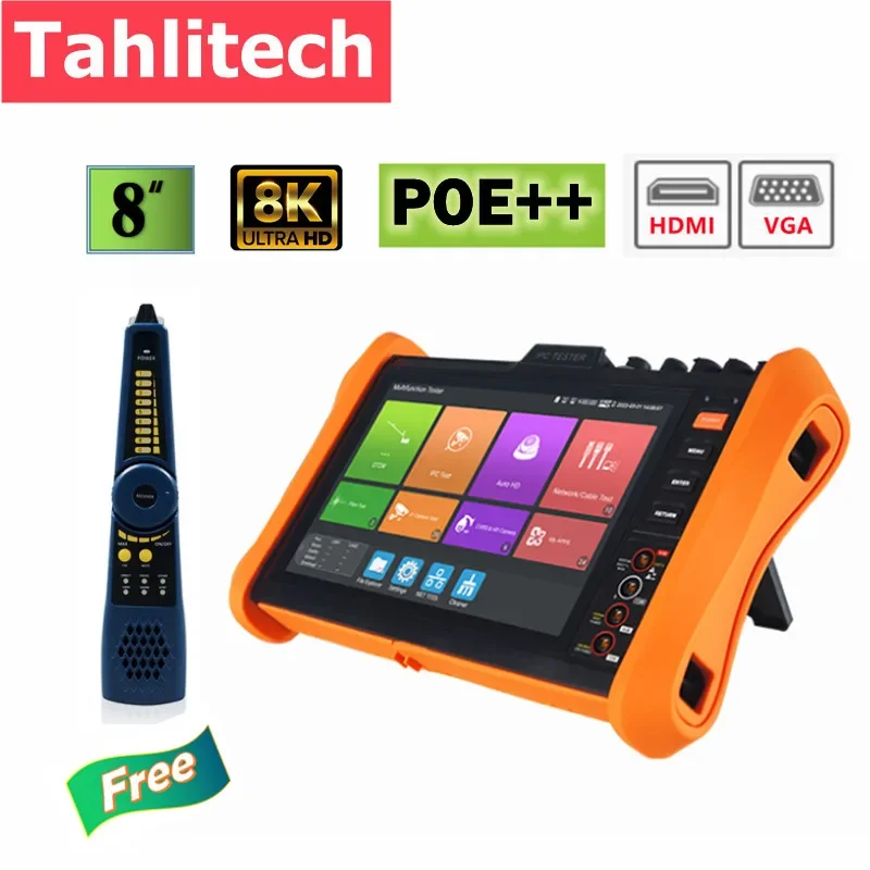 Тестер для IP-камер, устройство для проверки сети, 8 дюймов, H.265, 8K, SFP PoE ++, AHD TVI CVI, HDMI VGA