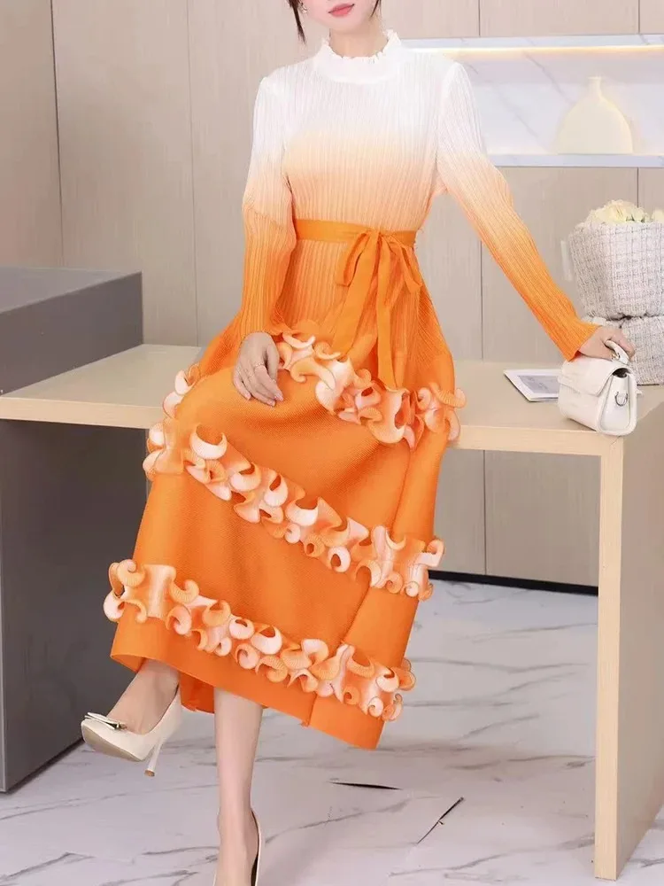 ANLAN плиссированное длинное платье Miyake Maxi с поясом и круглым вырезом с цветочными рукавами, элегантные платья с градиентом и грибком для женщин, новинка 202, 2AN95 (art.: 3920cbc4e9c12) - 3920cbc4e9c12