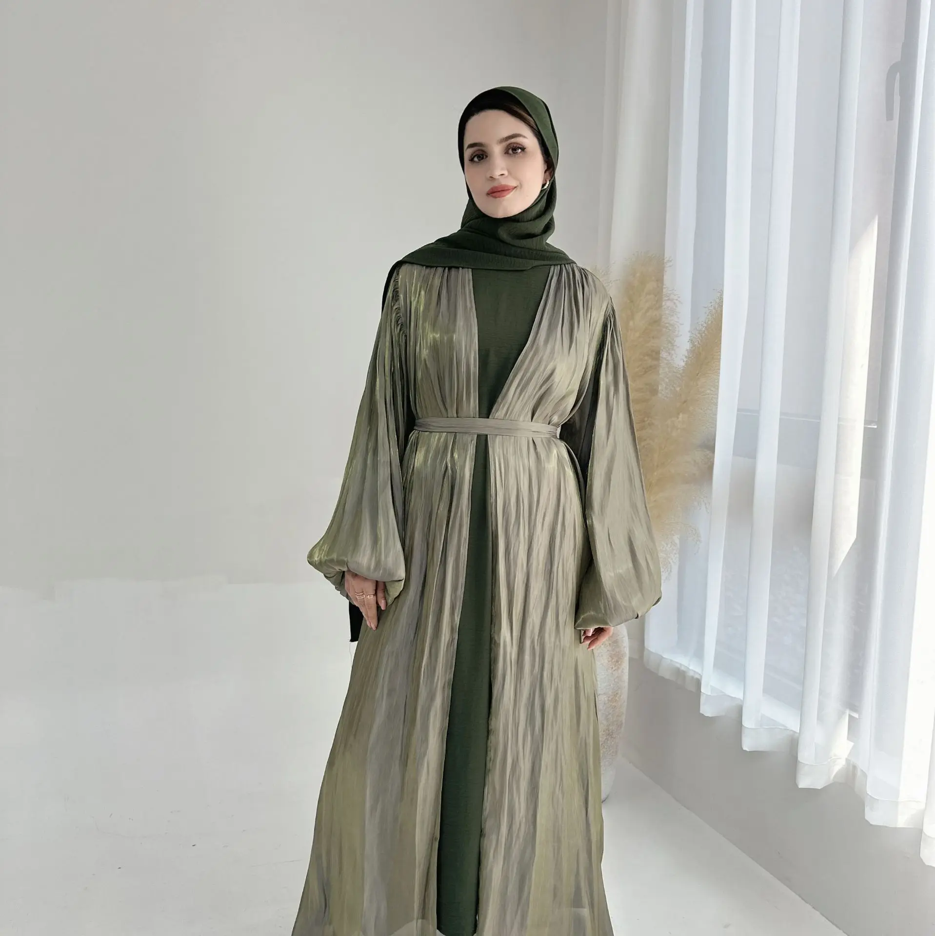 Фото Турецкий Дубай открытое кимоно Abaya ежедневная Женская Повседневная Марокканская кафтан для женщин Jalabiyat Блестящий халат с пышными рукавами и поясом 2024 №3