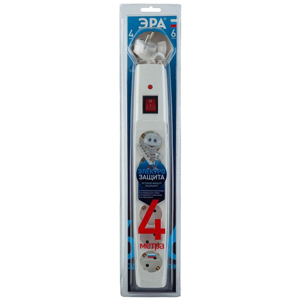 Фото Сетевой фильтр ЭРА, SFX-6es-4m-W, Б0044025, 4м с/з, 6 гнезд, белый №3