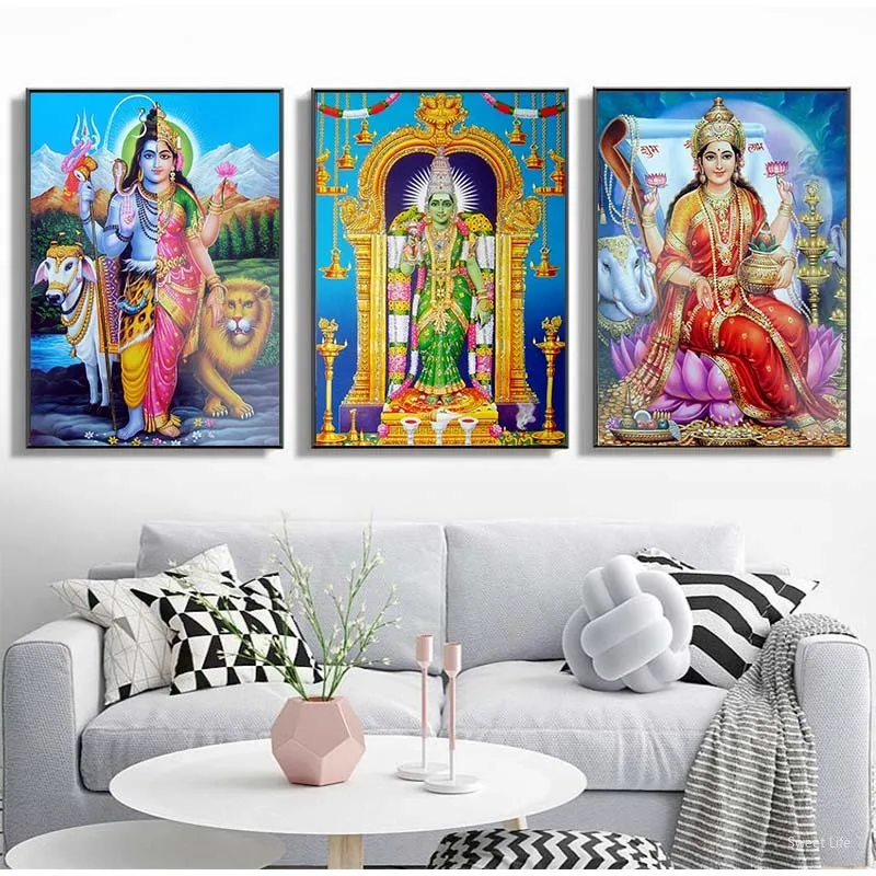 Фото Shiva Parvati Ganesha, индийское искусство, фигурка индуистского бога, Картина на холсте, религиозный постер и печать, Настенная картина для современ... №2