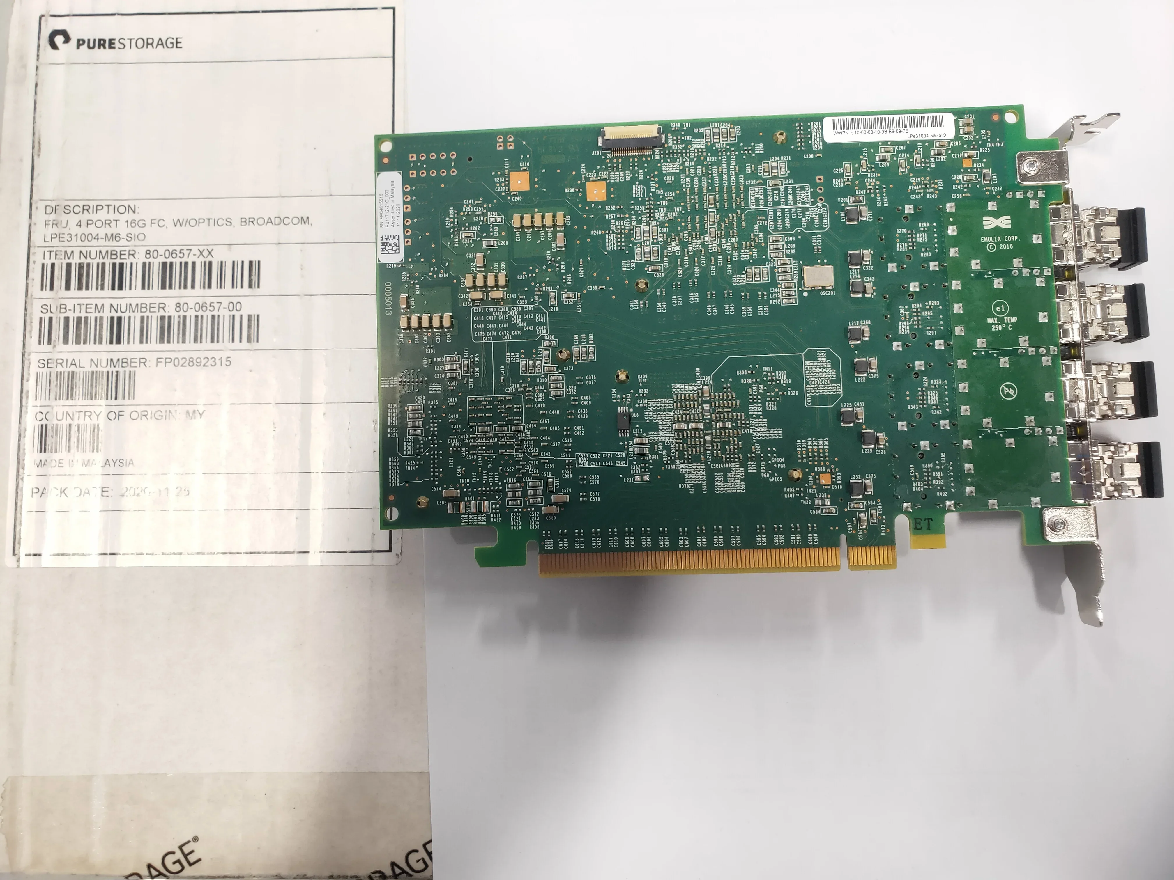 Фото Оптоволоконный канал Emulex, 16 ГБ, 4 порта, 16G FC, W/OPTICS LPE31004-M6-SIO 80-0657-XX 80-0657-00 FP 02892315 №2