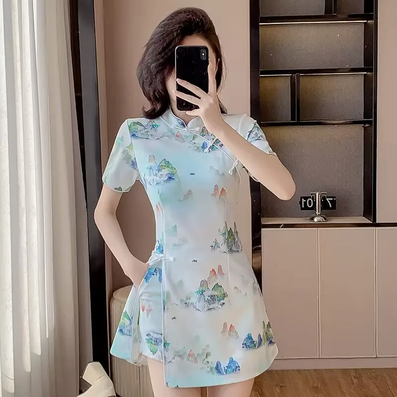 Темпераментный костюм в китайском стиле, улучшенное платье Cheongsam с пряжкой и шорты, комплект из двух предметов, новые модные традиционные костюмы