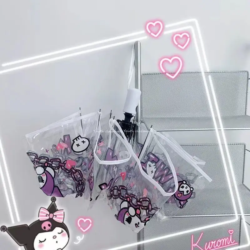 Фото Зонт Hello Kitty Kuromi Kawaii Sanrioes Cinnamoroll мультяшный утолщенный 3 складной автоматический прозрачный портативный милый подарок №2