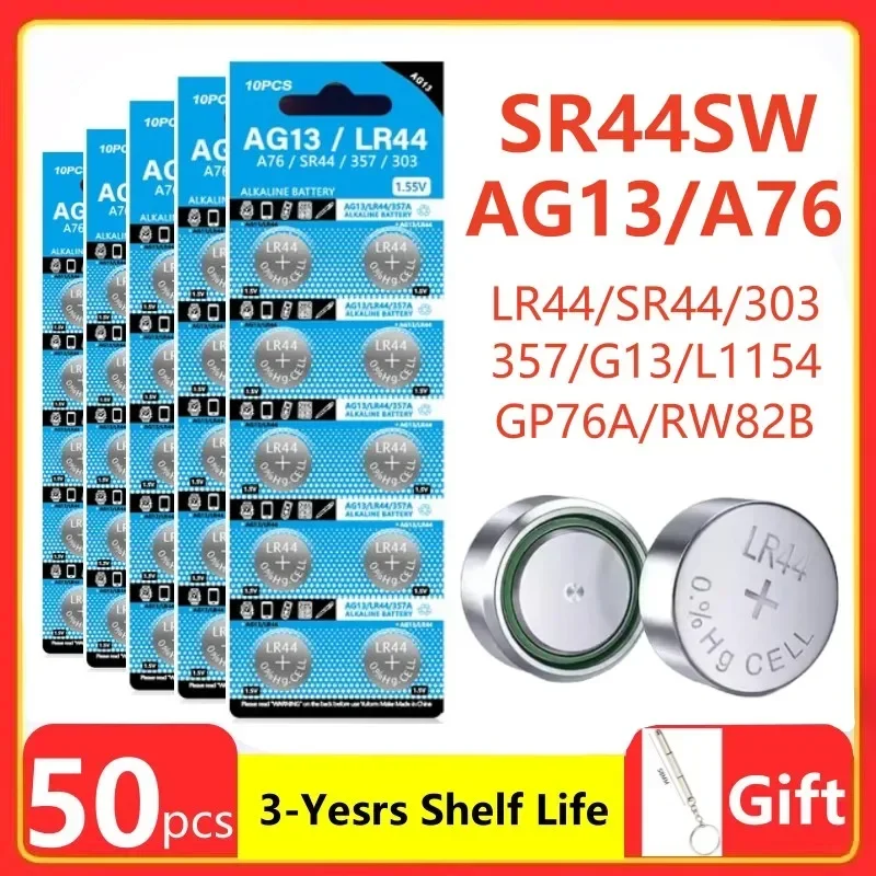 Кнопочная щелочная батарея AG13 LR44 A76 357A, 50 шт., 1,55 в, SR44SW L1154 SP76 pila 357 303 для часов, игрушек, без ртути