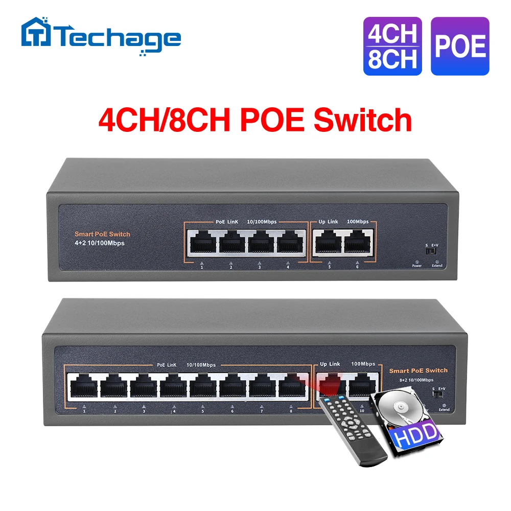 Сетевой POE коммутатор Techage, 52 в, 4 канала, 8 каналов, 16 каналов, 10/100 Мбит/с, IEEE 802,3 af/at
