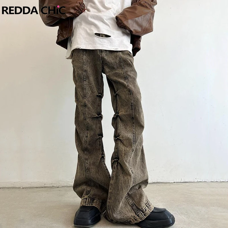 REDDACHIC Мужские потертые брюки с рюшами Bootcut Коричневые широкие расклешенные джинсы в стиле ретро 90-х с низкой талией Брюки-клеш Cyberpunk Y2k