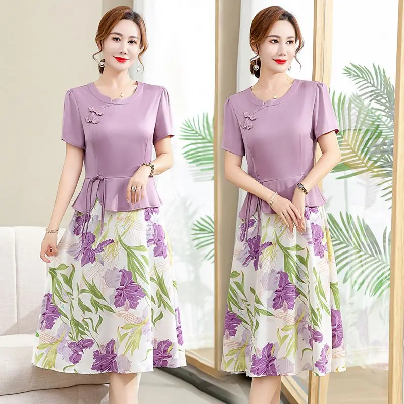 Фото Lmproved Cheongsam Поддельное двухсекционное шифоновое платье Женское летнее новое свободное, утягивающее и уменьшающее возраст костюм-юбка Wh21 №3
