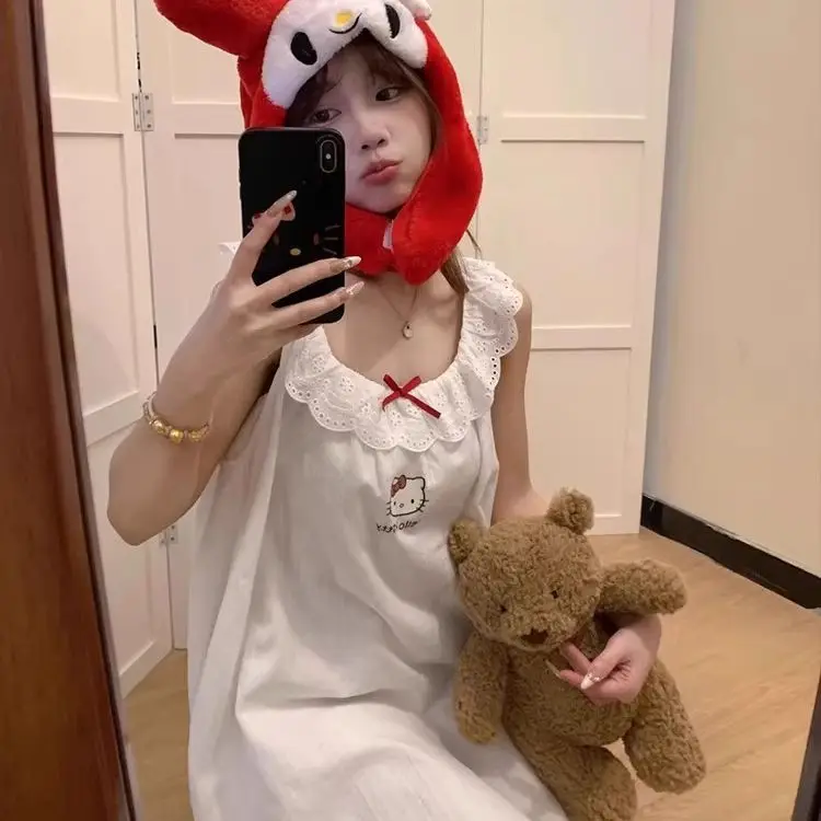 Фото Летние женские пижамы Hello Kitty Kawaii Sanrios, милая ночная рубашка для девочек с подушечками на груди, студенческая одежда для сна, удобная домашняя одежда №4
