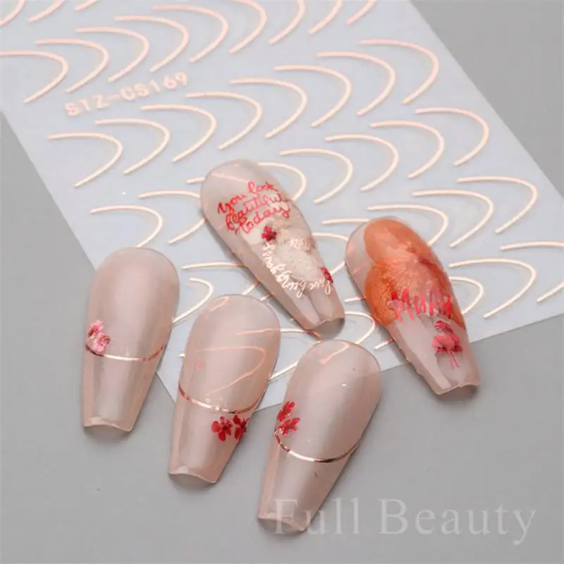 Фото Curve Stripe Lines Nail Sticker Gold Swirl Ribbon French Manicure Minimalist Decal Metal Nail Design CHSTZCS169 №4