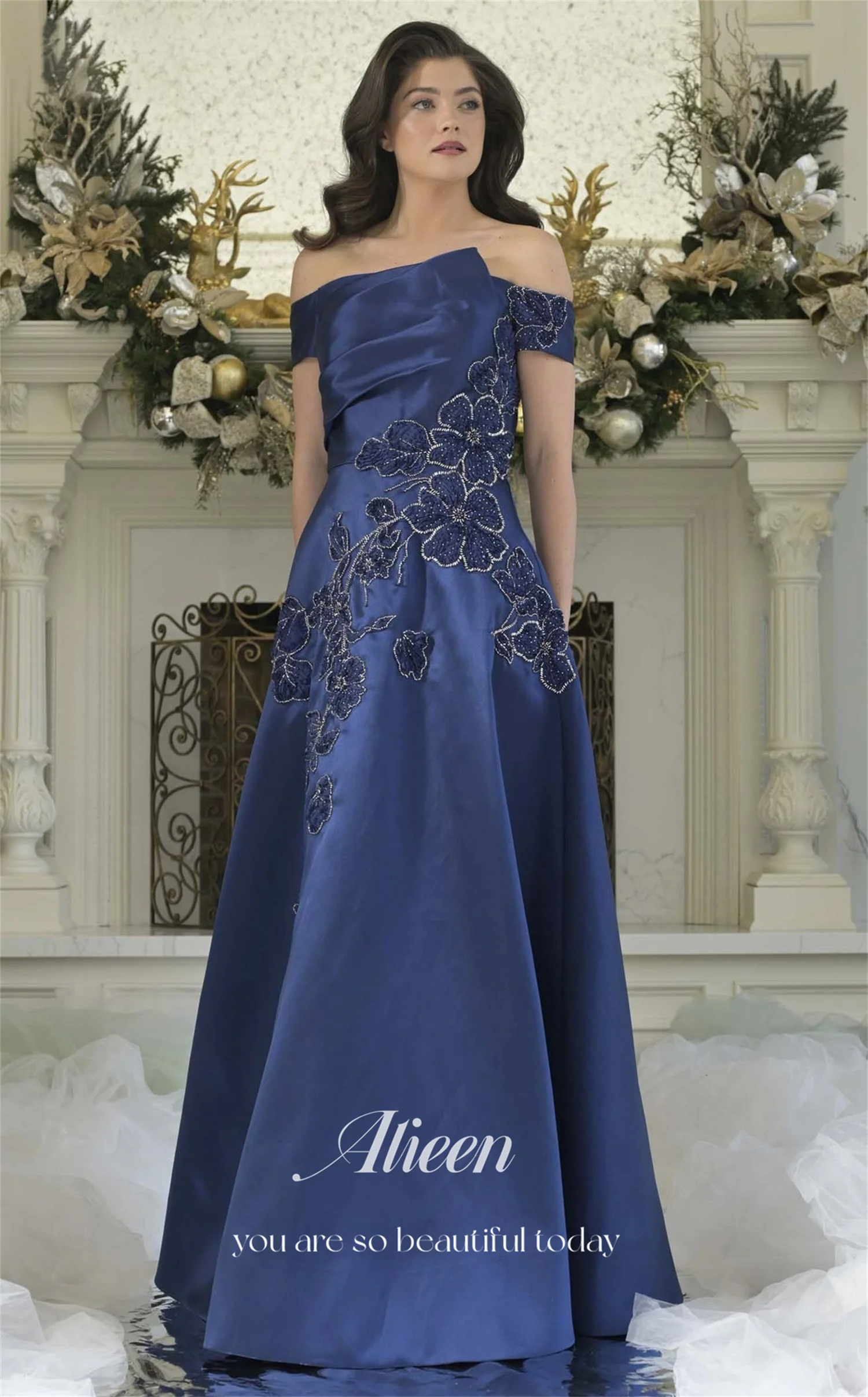 Фото Aileen 3D Flowers Роскошные вечерние платья 2025 Luxury Satin Vestidos De Festa по индивидуальному заказу فساتين سهرة Черное женское вечернее платье №2