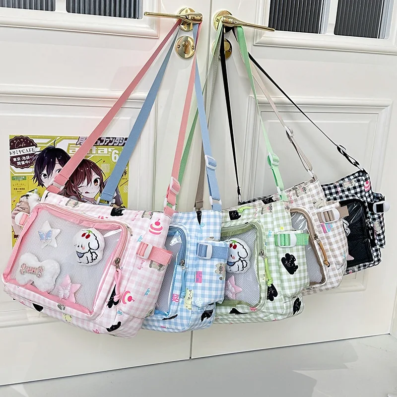 Фото Richme Kawaii женские сумки Ita 2021, милая клетчатая сумка через плечо с героями мультфильмов для девочек, значок «сделай сам», студенческая сумка для поездок на работу, Bolso Mujer №4