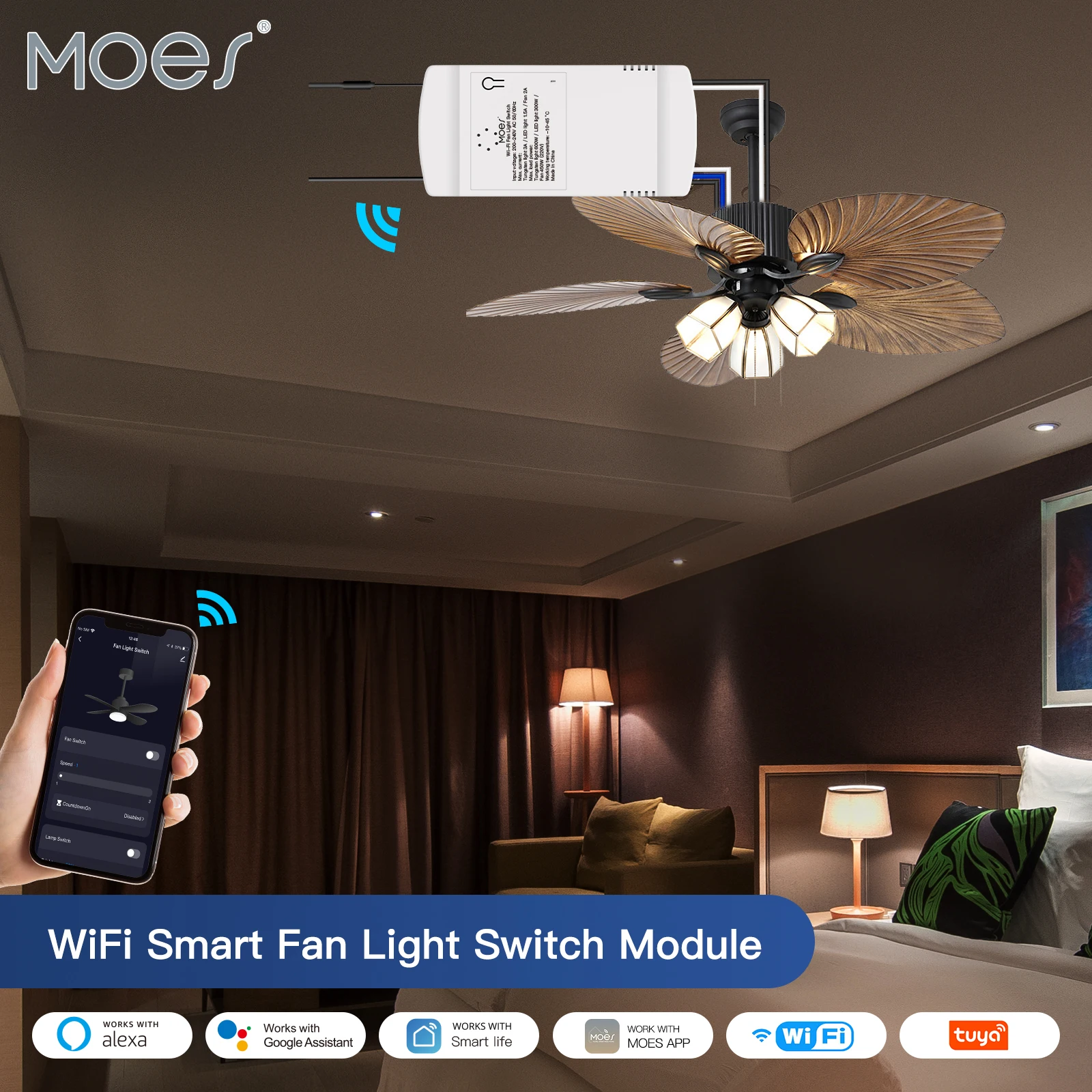 Умный выключатель потолочного вентилятора MOES с Wi-Fi, устройство управления модулем, отдельно с приложением или голосовым управлением, совместимо с Alexa и Google