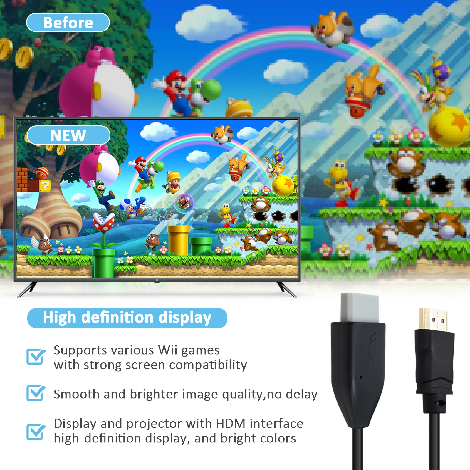 Фото Конвертер Wii в HDMI 1,5 м/4,92 фута Wii2HDMI-адаптер Видеокабель NTSC 480I 480P PAL 576I для Wii в HDTV Дисплей «папа-папа» №5