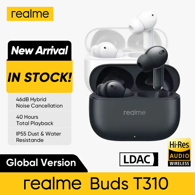 Глобальная версия Realme Buds T310 Bluetooth 5.4 Гарнитура IP55 Водонепроницаемая 46 дБ Активное шумоподавление 40 часов Питание от батареи