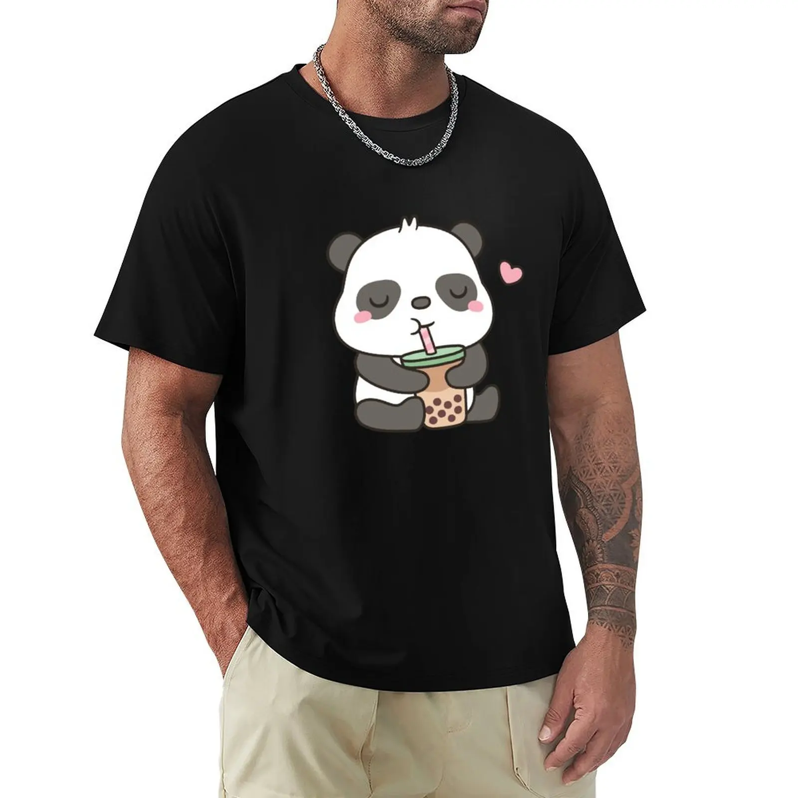 Футболка Cute Little Panda Enjoying Boba Tea, винтажная рубашка с аниме, эстетичная одежда, простые белые футболки для мужчин