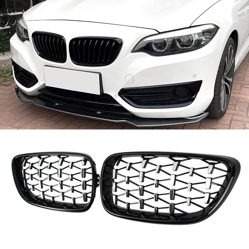 Бриллиантовая передняя решетка радиатора для BMW 2 серии F22 F23 F87 M2, гоночный гриль, серебристые грили, блестящие черные фотоаксессуары