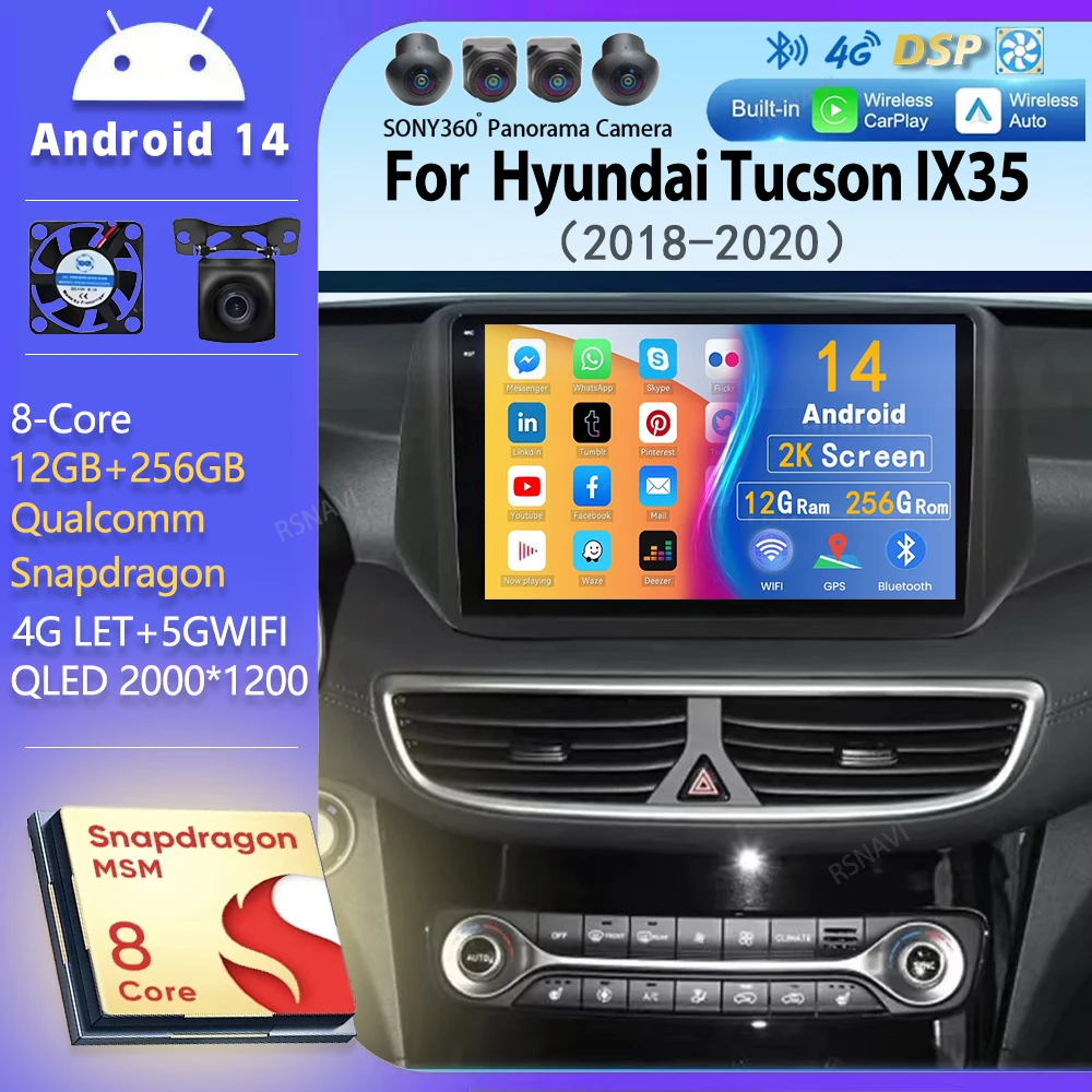Автомобильное радио Android 14 Carplay для Hyundai Tucson IX35 2018-2020, навигационный мультимедийный плеер, стерео 5GWiFi + 4G BT DVD 360 Canera
