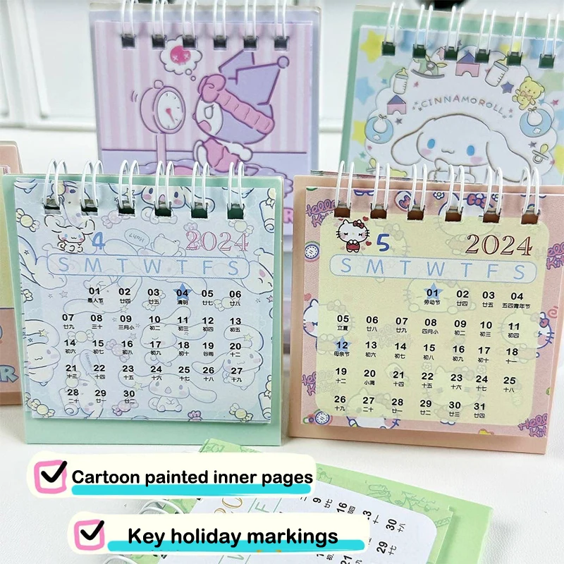 Фото Кавайный Sanrio аниме Cinnamoroll Kuromi Hello Kitty полачко 2424 года мультяшный календарь маленький настольный календарь украшение для стола №2