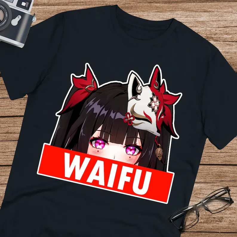 Блестящая рубашка Waifu, футболка honkai со звездой, веером, унисекс, ультрахлопковая футболка