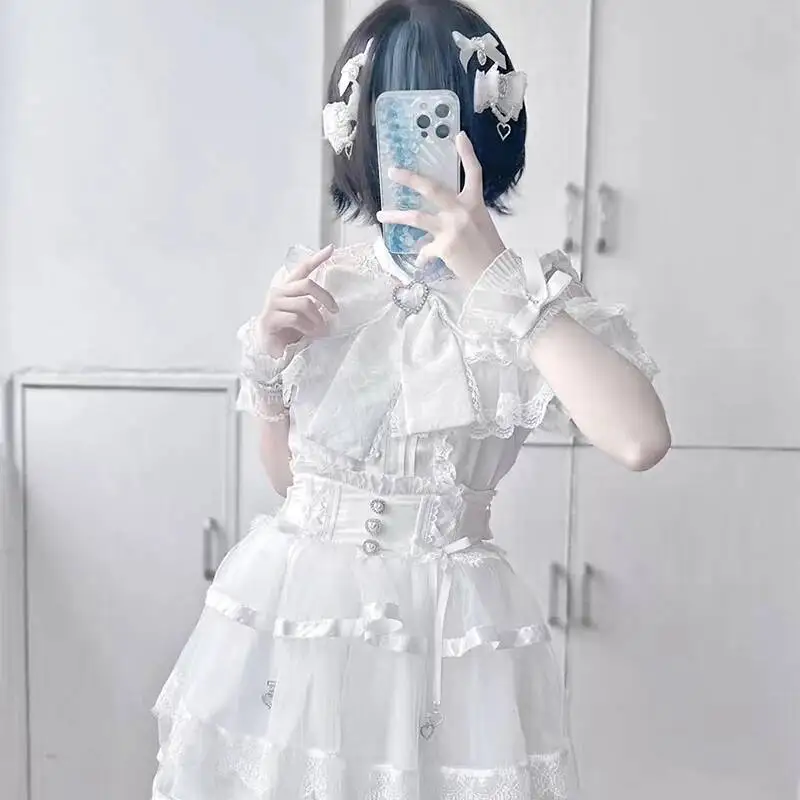 Kawaii Женские рубашки Jirai Kei Lolita Y2K Симпатичная блузка в японском стиле Элегантные милые топы с длинными рукавами Повседневная эстетичная рубашка 2024