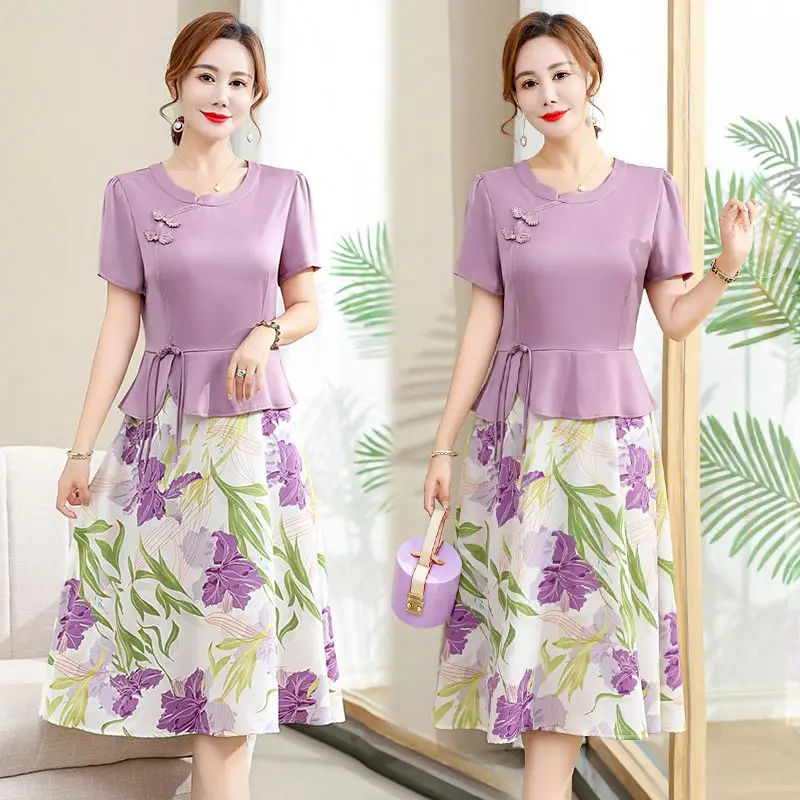 Фото Lmproved Cheongsam Поддельное двухсекционное шифоновое платье Женское летнее новое свободное, утягивающее и уменьшающее возраст костюм-юбка Wh21 №2