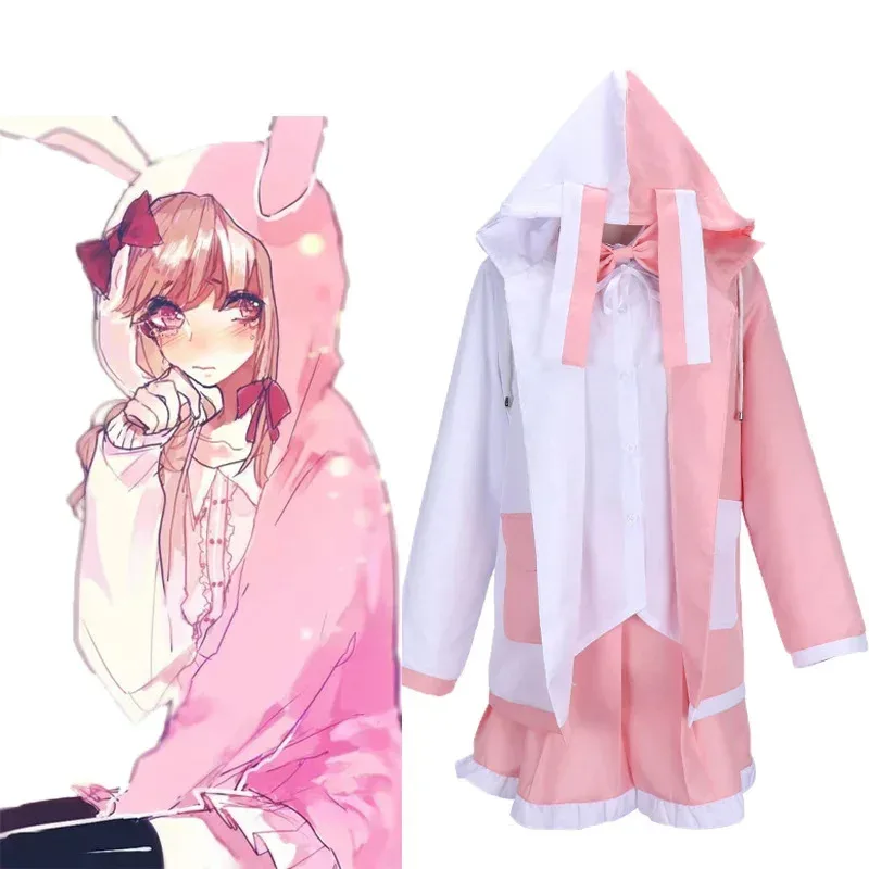 Danganronpa2 Monomi Косплей Костюм Dangan Ronpa Косплей Униформа Школьная Юбка С Капюшоном С Розовым Кроликом Розовый Длинный Парик