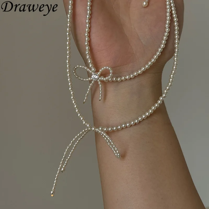 Ожерелья Draweye с жемчугом для женщин, банты с кисточками, корейская мода, Милая модель ювелирные изделия с чокерами, ощущение для женщин
