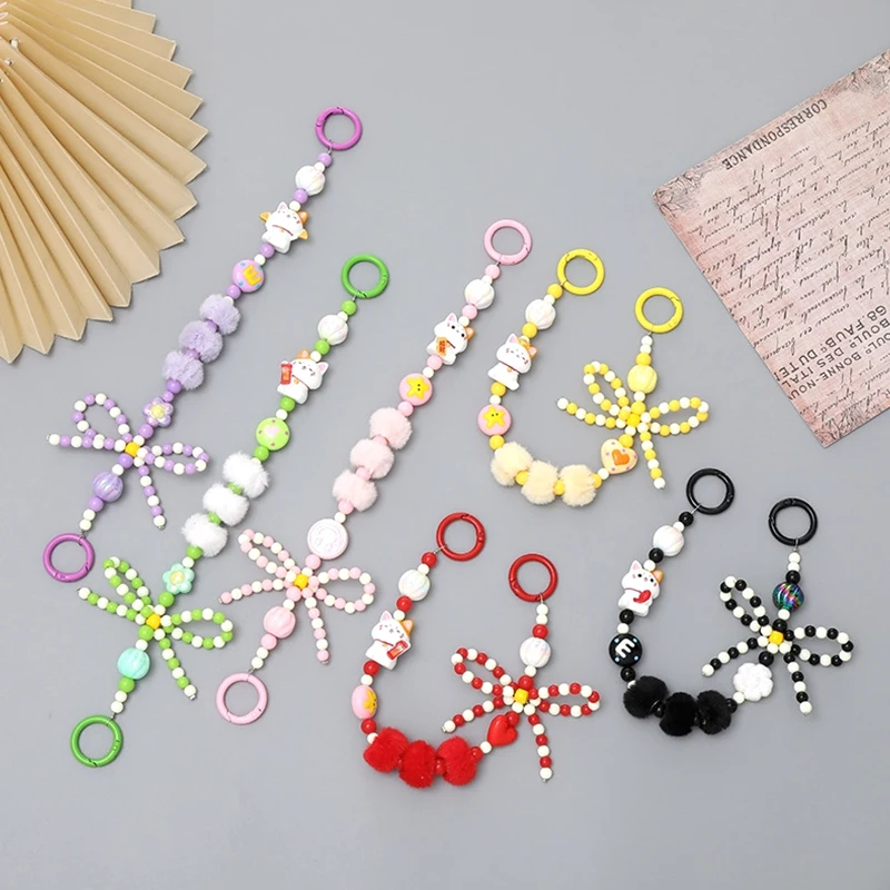 Фото Bow Lucky Cat Plush Beaded Phone Lanyard Anti-Lost Mobile Phone Chain Pendant Wristband Earphone Camera Decor Keychain №2