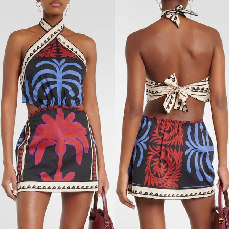 nowa damska letnia seksowna wisząca szyja z nadrukiem wakacyjna mini sukienka plażowa moda zasznurować Backless party y2k Vestidos