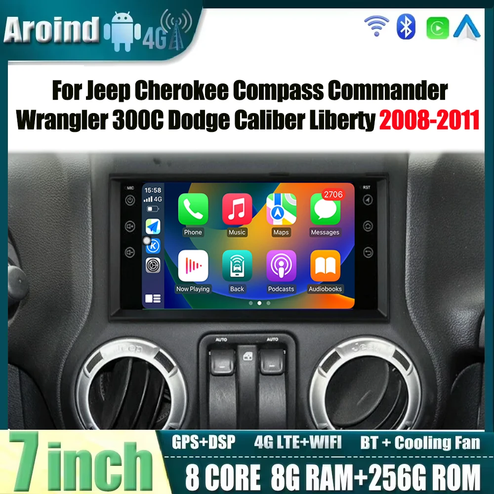 Android 15 для Jeep Cherokee Compass Commander Wrangler 300C Dodge Caliber Liberty 2008-2011, радио стерео мультимедиа DSP WIFI 4G