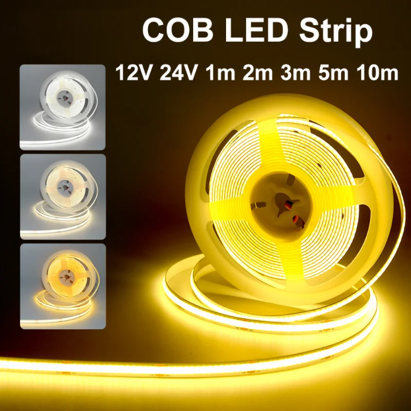 Светодиодная лента COB, 12 В, 10 м, 5 м, 3 м, 2 м, 1 м, 320 светодиодов/м, гибкая светодиодная лента высокой плотности 3000K, 4000K, 6000K, декор для кухни и комнаты, 8 мм