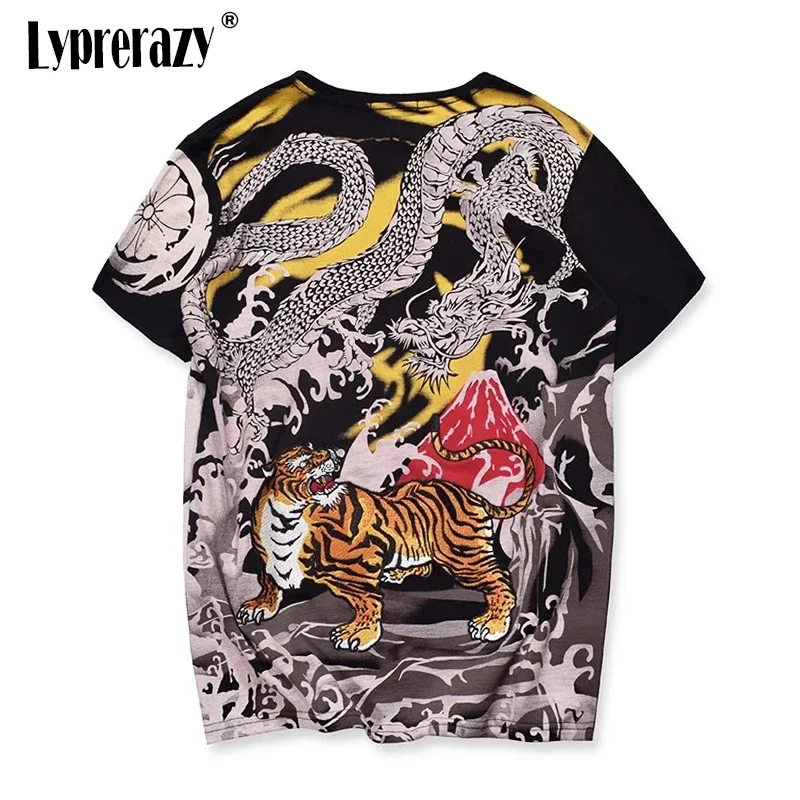 Lyprerazy японская Harajuku Ukiyoe винтажная футболка с вышивкой тигра и дракона мужская футболка с короткими рукавами в китайском стиле Tide брендовая футболка