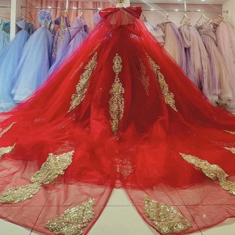 Фото ANGELSBRIDEP Красные платья Quinceanera с накидкой, золотой аппликацией, кружевом и бисером, Vestidos De 15 лет, Quinceañera XV, индивидуальный заказ №2