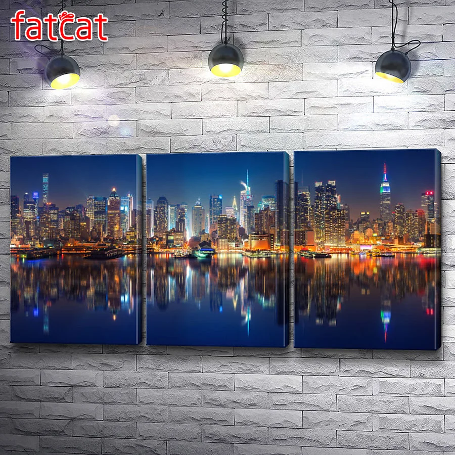 FATCAT 3 шт./компл. мозаика морской ночной город алмазная живопись Триптих 5d diy полная вышивка Стразы пейзаж AE3582