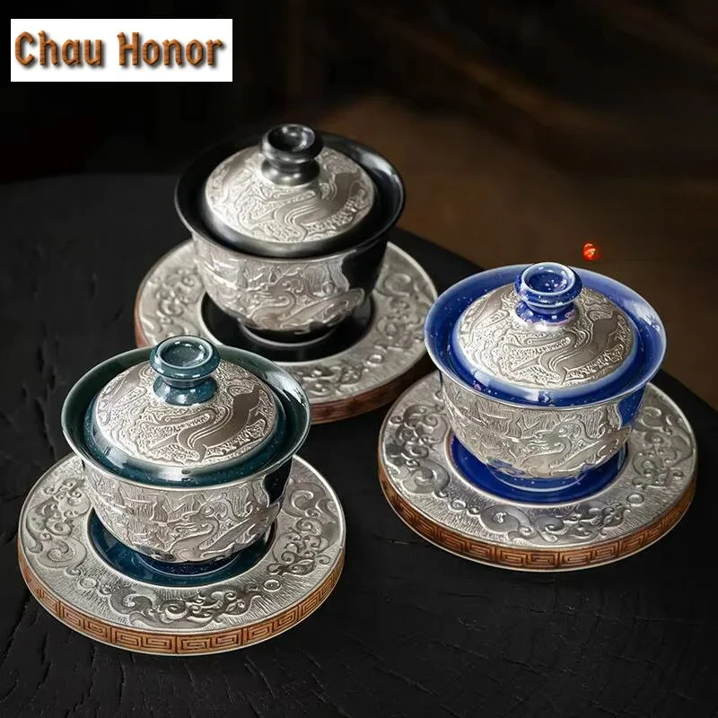 Ручная работа 999 Позолоченный Серебряный чай Tureen высококлассная рельефная чаша для негорячего чая Китайский чайник для заваривания чая кунг-фу чайная посуда подарки