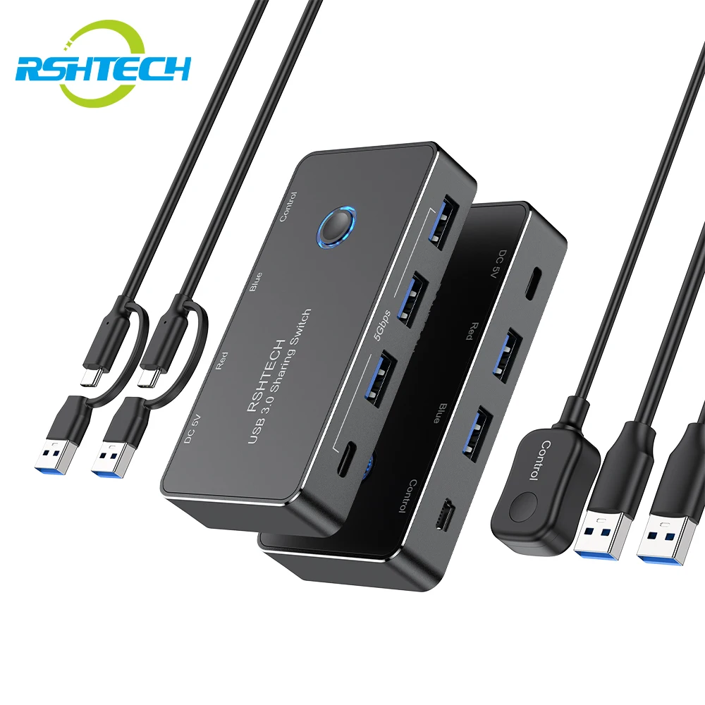 KVM-переключатель RSHTECH USB C с контроллером, 2 компьютера, 4 порта USB 3.0, селектор переключателя 5 Гбит/с для клавиатуры/мыши/флеш-накопителя