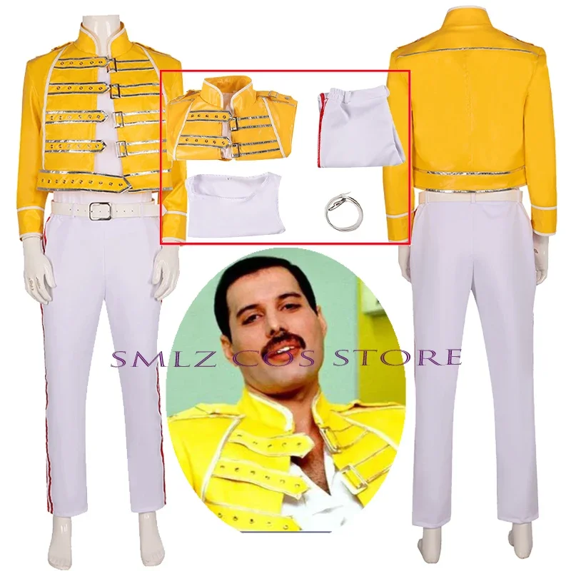 Новинка 2024 года, костюм Cos Freddie Mercury для косплея Aniem Queen Lead Vocals, желтое пальто, униформа, костюм для вечеринки на Хэллоуин, RQR67