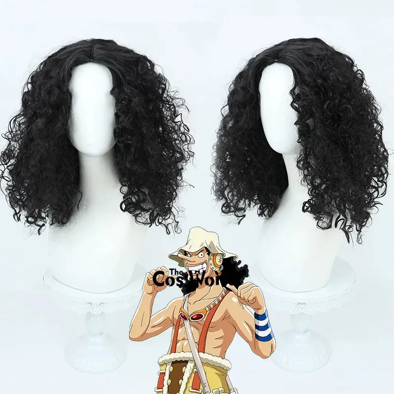 Usopp черный 48 см средней длины вьющиеся аниме косплей парики волокно термостойкие синтетические волосы + шапочка для парика