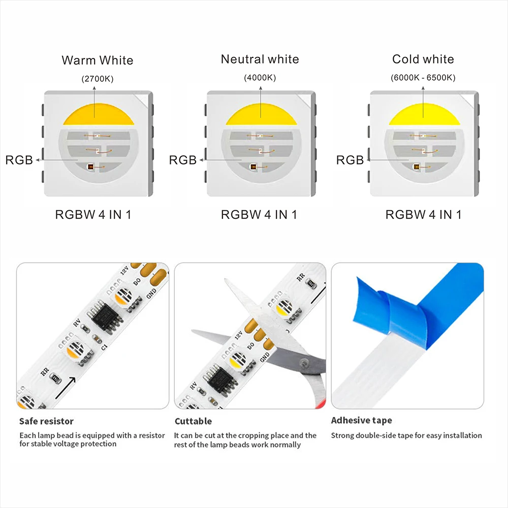 Фото Светодиодный светильник Tira De Luces WS2814 DC12V 24V 4 en 1 Аналогичный SK6812 RGBW P tekstoeles Direccionables WS2811 RGBWW RGBCW 5050 Luces De 3 Pines IP №3