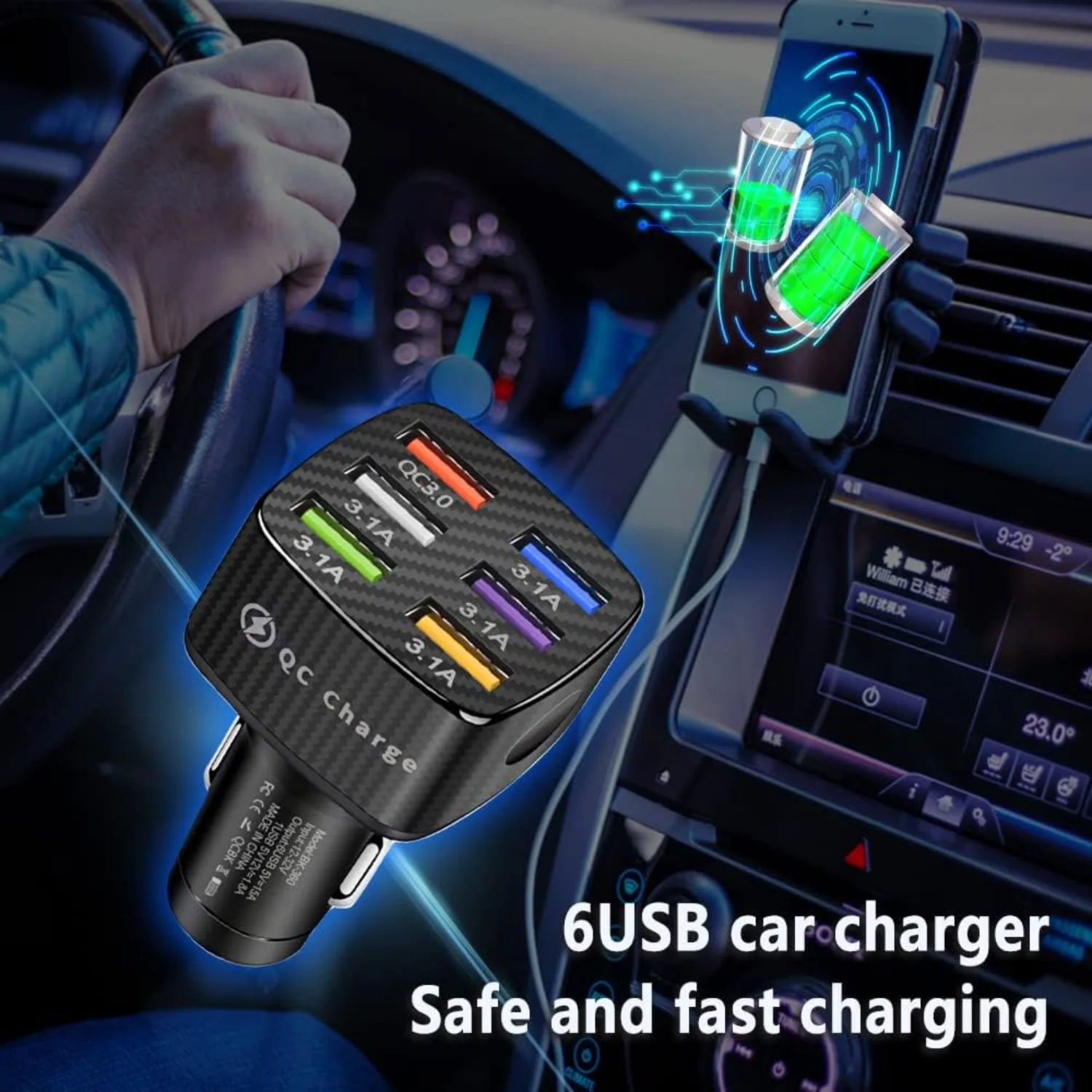 Фото Адаптер автомобильного зарядного устройства, 6 портов USB QC3.0, быстрое автомобильное зарядное устройство QC3.0/1A, обновленное автомобильное зарядное устройство Smart Shunt 32 В, совместимое с 14 13 12 №4