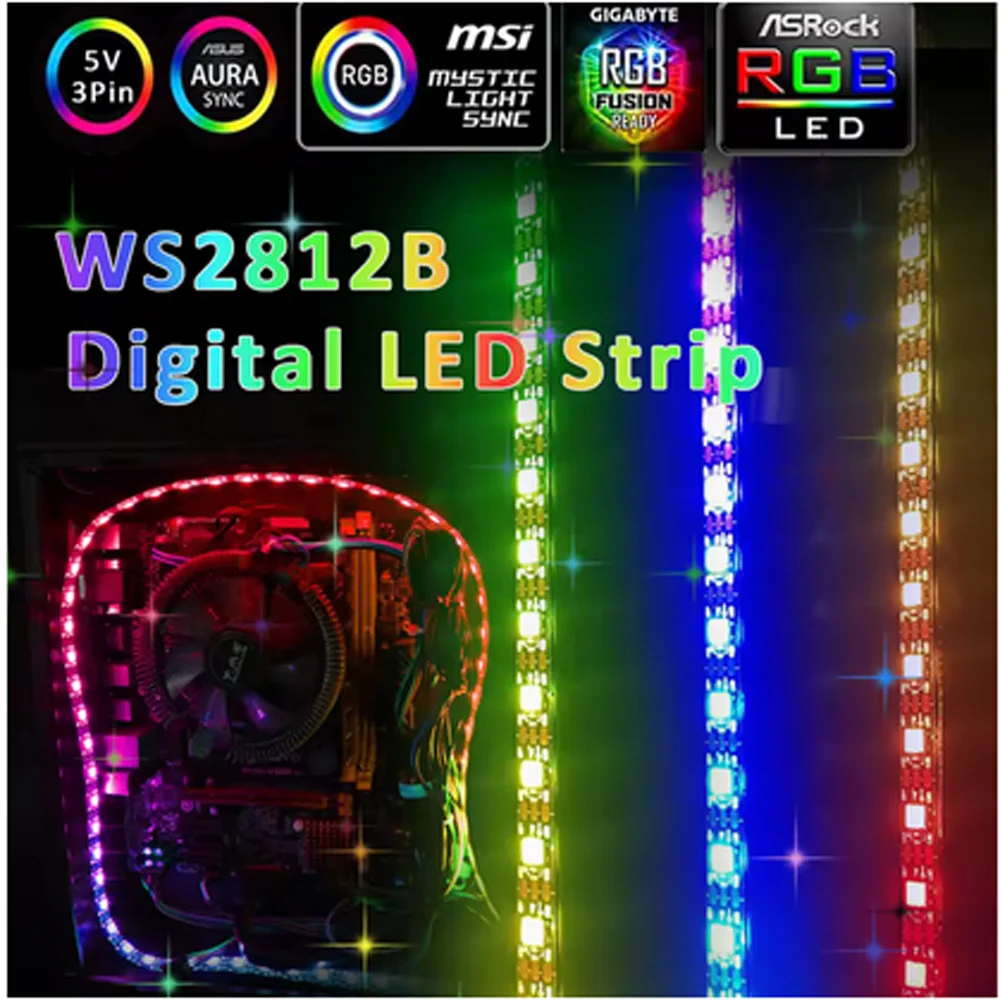 Многоцветные адресные светодиодные ленты ARGB5V, 3-контактные WS2812B SMD5050, гибкий корпус для компьютера, ПК, лента для настольного компьютера