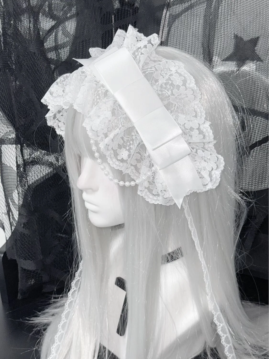 Фото Оригинальная повязка на голову ручной работы Landmine Pure White Lolita с широким бантом и кружевом в стиле готики, повязка на голову в стиле Лолиты, аксессуары №5